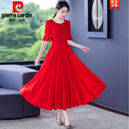 皮爾卡丹（pierre cardin）法式大擺色雪紡連衣裙女2024夏季新款收腰顯瘦氣質(zhì)大號長裙針織 酒紅 XL【115/125斤】
