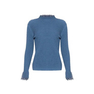 兩三事梵高文藝 青衫 蕾絲拼接半高領(lǐng)打底衫女春季復古修身內搭針織衫 湖藍 均碼 F