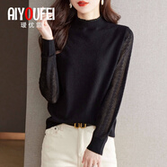 璦優(yōu)霏（aiyoufei）新款針織羊毛打底衫女春秋薄款鏤空長袖蕾絲半高領(lǐng)毛衣女上衣內(nèi)搭 黑色 M 建議95-105斤左右