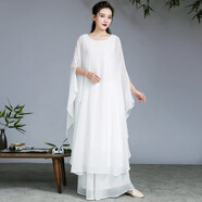 蒂默奇禪服佛系女高端禪舞服套裝2024古典舞蹈服飄逸連衣裙中式國風(fēng)文藝 白色 連衣·裙 XL