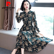 皮爾卡丹春秋雪紡連衣裙長袖女2025新款氣質大d碼長款修身收腰顯瘦碎花裙 尊貴綠 XL
