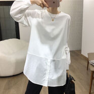 NLMC配鯊魚(yú)褲的遮臀上衣白色拼接T恤女秋冬寬松中長(cháng)款打底衫洋氣設計 白色 S