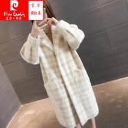 皮爾卡丹（pierre cardin）春秋2025新款仿水貂絨外套女裝韓版超火毛衣女寬松中長(zhǎng)款格子大衣 白色 M 95-110斤