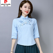 皮爾卡丹民族風(fēng)改良女裝中國風(fēng)盤(pán)扣刺繡t恤棉麻繡花茶服唐裝立領(lǐng)上衣女 淺藍色 L