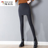 啄木鳥(niǎo)（TUCANO）棉質(zhì)不起球加絨加厚包臀裙褲假兩件打底褲女秋冬女士外穿保暖彈力 深灰色  XL 建議100-110斤