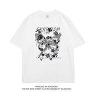 愛(ài)尚快魚男士短袖t恤高檔2024新款時(shí)尚復(fù)古玫瑰花蝴蝶涂鴉印花棉男女 白色 S