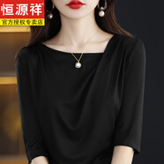 恒源祥三醋酸真絲t恤女短袖薄款不規(guī)則斜肩領(lǐng)垂感緞面體恤褶皺氣質(zhì)上衣 黑色 XL