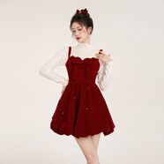 韓語(yǔ)琳空間蝴蝶夾法式紅色絲絨吊帶連衣裙女冬季高級感圣誕a字蓬蓬公主裙子 紅色 連衣裙 L