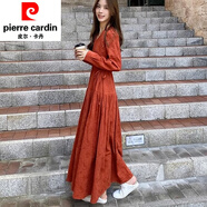 皮爾卡丹秋裝女2025年新款胖mm175高個(gè)子超長(zhǎng)裙到腳踝收腰長(zhǎng)款復(fù)古連衣裙 南瓜紅 2XL【135-150斤】