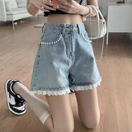 凌卡戚牛仔短褲女夏2025新款蕾絲花邊釘珠高腰顯瘦闊腿A字小個(gè)子xs 藍色優(yōu)質(zhì)款 M (建議95-105斤)