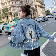 Lcxmnd實(shí)拍刺繡牛仔外套女ins潮綁帶百搭2024春秋新款韓版寬松bf牛仔衣 藍(lán)色 S