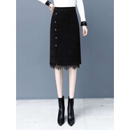 晉影2025秋冬新款加厚半身裙女高腰中長(cháng)款針織蕾絲毛線(xiàn)裙開(kāi)叉一步裙子 四葉草扣+蕾絲邊黑色 M M95-105斤