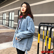 茵侈春季韓版黑色工裝中長(cháng)款牛仔外套女寬松bf港風(fēng)復古大口袋學(xué)生 藍色 M 碼建議95-105斤