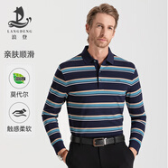 浪登條紋長袖T恤春季款休閑翻領百搭時尚撞色打底Polo男 藍綠色 XL