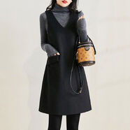 凌菲小姐（MISS LING FEI）背心裙秋冬連衣裙中長(cháng)款毛呢背心女2025年新款馬甲裙韓版背帶裙打 黑色 M 90-105斤