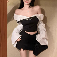 榮西圖（RONGXITU）風(fēng)撞色氣質(zhì)套裝時(shí)尚收腰顯瘦襯衫拼接抹胸韓版設計兩件套 半身裙 【單件】 L
