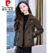 皮爾卡丹（pierre cardin）短款皮毛一體外套女裝小個子春秋冬新款加絨加厚羊羔毛PU皮衣夾| 咖色 L