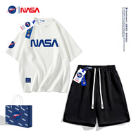 WHIM NASA短袖t恤男女士夏季情侶裝運動(dòng)套裝男潮流寬松半袖衣服純棉兩件套 白色+3301黑色 L （125-150斤）