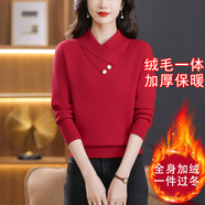歌米拉（Gemila）加絨毛衣女加厚一體絨針織衫秋冬新款洋氣內(nèi)搭保暖衣打底衫上衣 紅色 XL 【120斤-130斤】