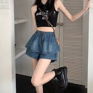 Jret荷葉邊高腰顯瘦牛仔短褲女夏季港風(fēng)復(fù)古設(shè)計(jì)百褶半身裙褲熱 荷葉裙 M
