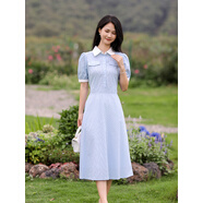 勿忘花純棉條紋連衣裙女夏季2025新款大方得體的裙子藍(lán)色襯衫長裙 藍(lán)色 M