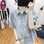 夏典素訂女王（SE.PSTP）素訂原創(chuàng  )大碼夏裝2025新款棉麻短袖襯衣苧麻燈籠袖襯衫女式polo領(lǐng) 藍色【今年流行/設計感小眾不撞 M 建議80-100斤