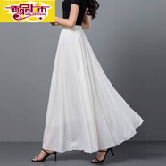 初徑新款夏季半身裙女白色高腰A字中長(cháng)大擺跳舞裙純色紅色長(cháng)裙子 純白色（1306/雙層有內襯） 裙長(cháng)90cm 適合身高158-165