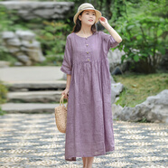 亂在江南夏季新品苧麻文藝休閑圓領(lǐng)高腰褶皺連衣裙寬松大擺裙 紫色 均碼