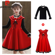 皮爾卡丹（pierre cardin）女童連衣裙春秋2024新款背心冬季套裝毛呢裙子洋氣兒童公主裙冬裝 M-6611紅色背心裙+黑毛衣 130 cm