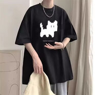 嘉曄2024新款短袖t恤男衣服男款潮牌男士上衣夏季男裝寬松男生T恤衫 T172抖站貓黑色 XL【100-120斤】