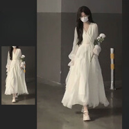 凱安尼溫柔風奶白色法式初戀仙女裙女春秋季款垂墜感v領顯瘦連衣裙 奶白色連衣裙【優(yōu)質(zhì)版】 L