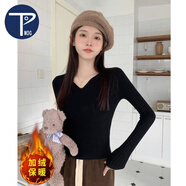 PMOG加絨保暖低領(lǐng)針織打底衫女秋冬洋氣內(nèi)搭修身短款v領(lǐng)白色加厚毛衣 黑色[加絨] S[建議80-90斤]
