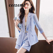 ceezemc香港潮牌西裝職業(yè)套裝女 2025夏季新款休閑修身七分袖外套短褲子 藍(lán)色（小西裝+短褲）兩件套 S