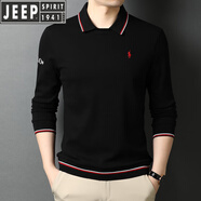 吉普（JEEP）【高檔輕奢】中青年春秋季毛衣男純 棉長(cháng)袖t恤男士個(gè)性假兩件針織 55129黑色 165/M100-120斤