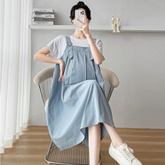 依鎏衣品2025春夏新款A字全棉孕婦連衣裙寬松大碼中長(cháng)款拼接假兩件孕婦裙 淺藍色 L碼 建議120-135斤