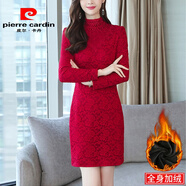皮爾卡丹蕾絲加絨打底連衣裙女冬季2024新款秋冬裝內搭加厚包臀裙子配大依 紅色加絨 XL [116-125斤]