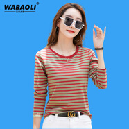 WABAOLI高檔品牌 條紋長(cháng)袖T恤女2024新款春秋寬松薄款百搭打底衫減齡上衣 紅色【圓】 M 【建議體重90-100斤】
