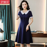 伊婭莎短袖職業(yè)裝連衣裙女夏時尚翻領(lǐng)氣質(zhì)顯瘦工作服幼兒園教師園服裙子 2097深藍(lán)色連衣裙 3XL 建議130-140斤
