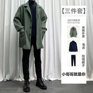 執笙記毛呢子夾克外套男士休閑套裝秋冬季加絨加厚保暖韓版一套衣服男裝 綠色外套+黑毛衣+加絨西褲【三件 3XL