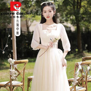 皮爾卡丹伴娘服香檳色2025新款平時(shí)可穿小眾長(cháng)款顯瘦長(cháng)袖晚禮服裙女 香檳色中/袖 中長(cháng)B款小方領(lǐng) M