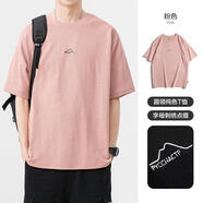 型曼原創(chuàng  )美式簡(jiǎn)約字母刺繡短袖T恤男士夏季半袖上衣潮男生休閑打底衫 粉紅色 M