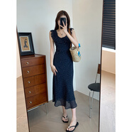 GARNUO藍(lán)色荷葉邊小飛袖波點(diǎn)吊帶連衣裙子女夏季法式包臀裙收腰雪紡長(zhǎng)裙 藍(lán)色 L 【111-120斤】