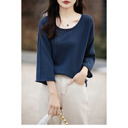 俞兆林圓領(lǐng)針織鏤空喇叭袖t恤2026夏季新款時(shí)尚簡(jiǎn)約寬松顯瘦七分袖上衣 藍色 S _95斤以下