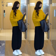 可茵（Keyin）衛(wèi)衣女運(yùn)動(dòng)套裝女2025年秋冬新款圓領(lǐng)寬松減齡上衣高腰休閑褲子女 姜黃衛(wèi)衣+褲子 XL