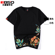 小魔怪BSO荷花刺繡T恤純棉短袖T恤男舒適簡(jiǎn)約 夏季薄款透氣涼爽男裝上衣 黑色CJ2EV2017 M（115斤內(nèi)）