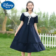 迪士尼（Disney）少女學(xué)生連衣裙女童娃娃領(lǐng)復(fù)古氣質(zhì)連衣裙女裝夏裝收腰顯瘦中長裙 藏青色 學(xué)院連衣裙7185 160