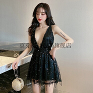 京芽短款禮服夜場女裝洋裝小禮服亮片流蘇低胸深V領(lǐng)露胸大漏背連衣裙 杏色 L