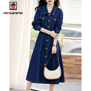 AEMAPE百搭翻領(lǐng)牛仔裙女2025春秋冬新款復古通勤氣質(zhì)收腰顯瘦插袋連衣裙 藍色 XL