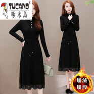 啄木鳥(niǎo)針織女士連衣裙中長(cháng)款打底衫2025秋冬新款毛衣裙內搭過(guò)膝蕾絲裙子 黑色【全身加絨】 XL【建議115-130斤】