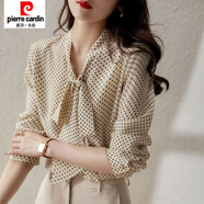 皮爾卡丹2025春秋季新款襯衫女綠色波點(diǎn)襯衣領(lǐng)系帶長(cháng)袖一排扣開(kāi)衫薄款上衣 杏色 XL 建議115-130斤